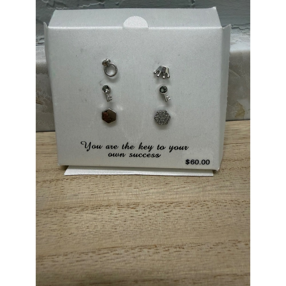 Set of 3 Silver Tone Stud Earrings‎ Key Hexagon Ring Unique Designs